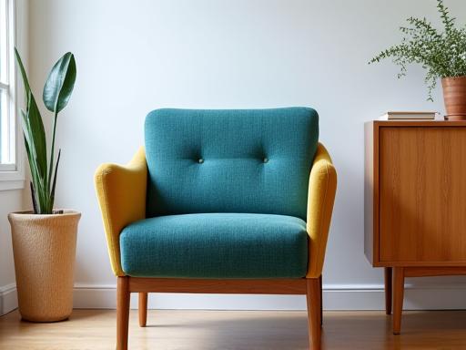 The restored mid-century armchair with vibrant new fabric.