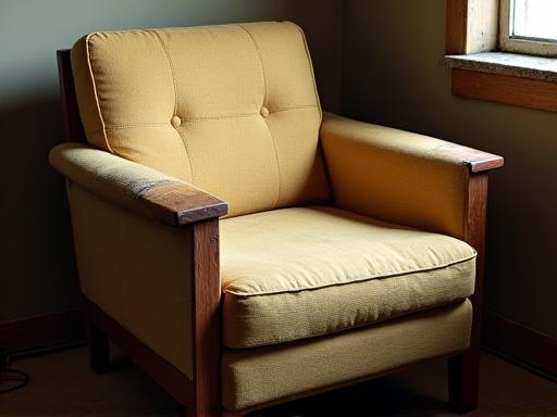 A tired mid-century armchair with stained fabric.