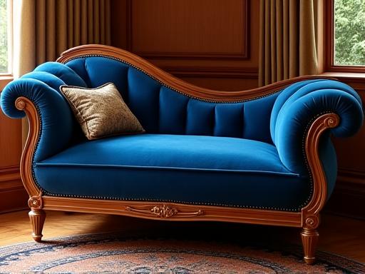 The same Victorian chaise lounge, now beautifully restored in deep blue velvet.