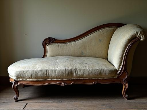 A worn and faded Victorian chaise lounge before restoration.
