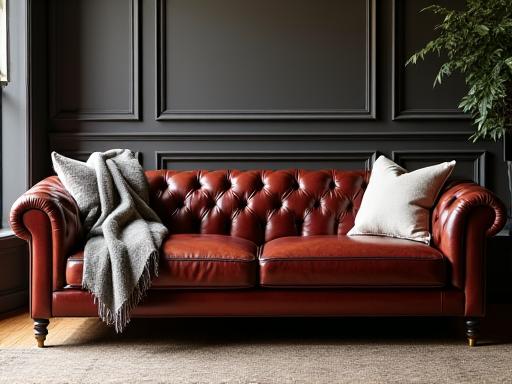 The Chesterfield sofa after professional leather restoration.