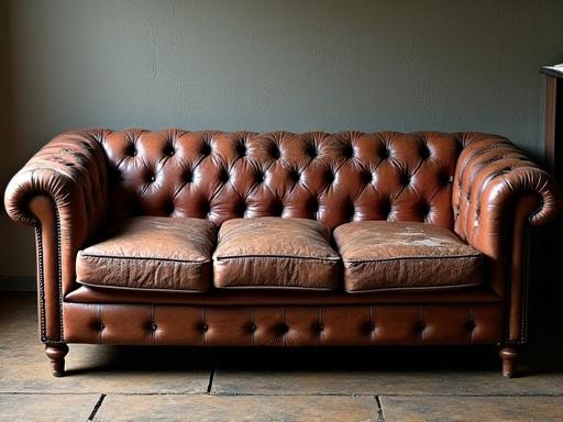 A Chesterfield sofa with cracked and faded leather.