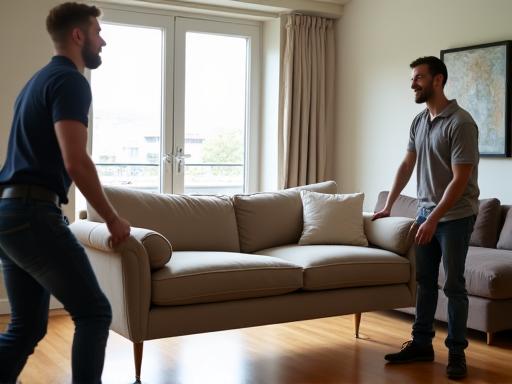 A newly reupholstered sofa being delivered to a happy customer's living room.